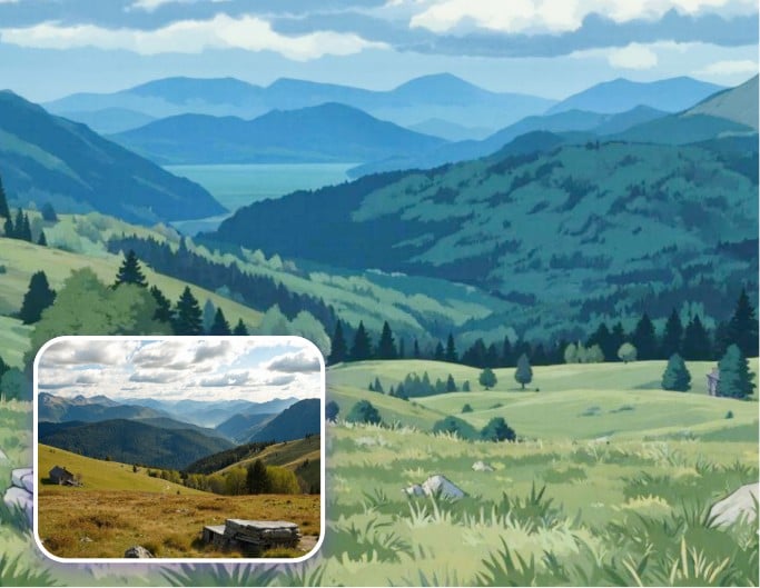 Before and after image of a grassy mountain converted into a Studio Ghibli style cartoon with VidOne
