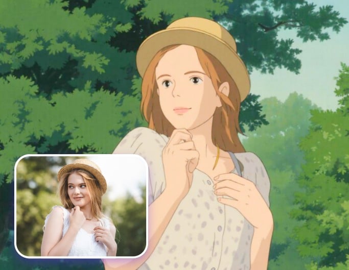 Before and after image of a smiling woman transformed into a Studio Ghibli style portrait with VidOne